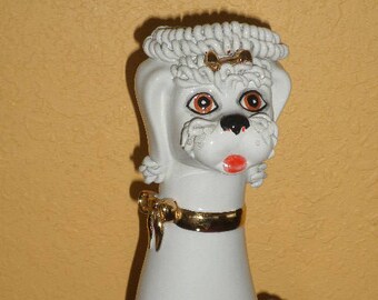 Dog VASE/SPAGHETTI/GOLD Trim/Gold Bow/Hand Painted/1970's