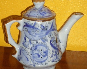 Tea Pot KEN EDWARDS/MEXICAN/Blue/Mint Condition/Fish/All Sides/Blue/Brown/Tonala Mexican Pottery