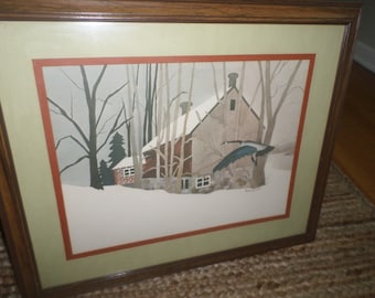 Oak FRAME/HENDERSON CUT Out/Canada Woods,/Snowy Scene/Goose/Winter/Original Art/Glass/Hand Painted/Signed Original Henderson