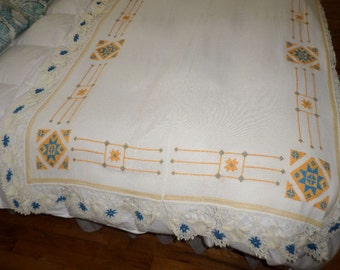 Vintage Cotton, Childs' Bed/Hand Embroidery/ABSTRACT DESIGN/Hand Sewn/Crochet Trim