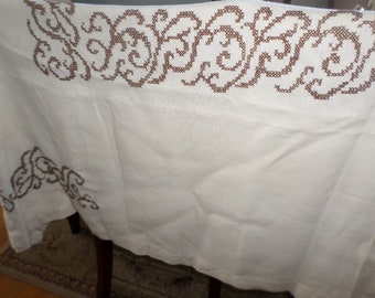 Extra Large 52/80/LINEN CROSS-STITCH Tablecloth/Hand Stitched/1970's 100% Cotton/Off White