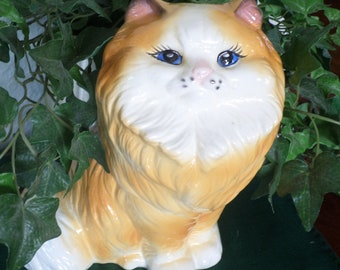 Handpainted PERSIAN Cat/PLANTER/Vintage/Tabby Persian/Blue Eyed Cat Planter/Indoor Planter/OOAK