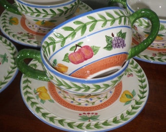 Fresh & Fruity/STRATA GROUP SET/4 Cups and Saucers/Ceramic/Hand Painted/Vintage Condition/Almost Mint Condition