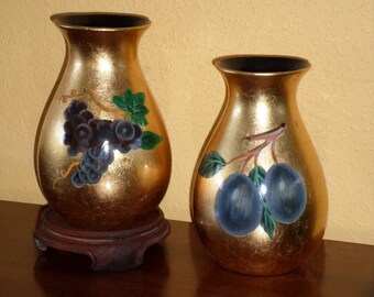 Pair of GOLD LEAF Vases/8"/DECOUPAGE/Grapevines, Grapes, Black Olives/ Grape Leaves/Black Grapes