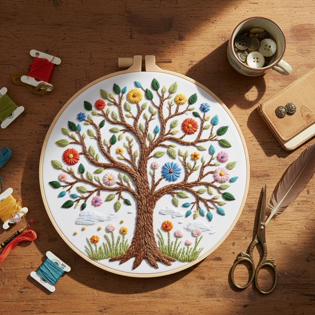 Flower Tree Embroidery Kit, Blossom Tree Thread Painting, Handmade Wall ...