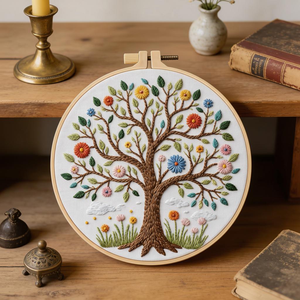 Flower Tree Embroidery Kit, Blossom Tree Thread Painting, Handmade Wall ...