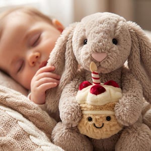 May include: A plush, taupe-colored bunny holding a cupcake with a lit candle. The cupcake has a cream-colored frosting, red cherries, and a smiling face. The bunny is next to a sleeping baby.