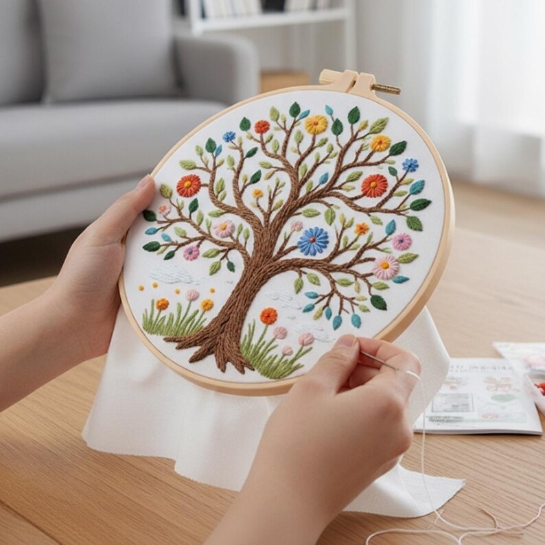 Flower Tree Embroidery Kit, Blossom Tree Thread Painting, Handmade Wall ...