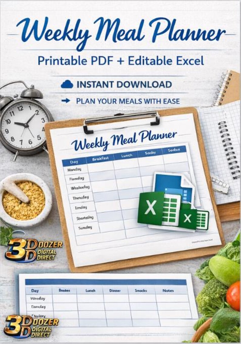 Weekly Meal Planner Printable | Grocery List | Editable Excel & PDF ...