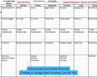 May include: A weekly meal planner template with a grid layout, divided into sections for meals and snacks. The planner includes options for breakfast, lunch, dinner, and other items. The text at the bottom reads: Automated Excel Meal Planner Creates a Categorized Grocery List for You.
