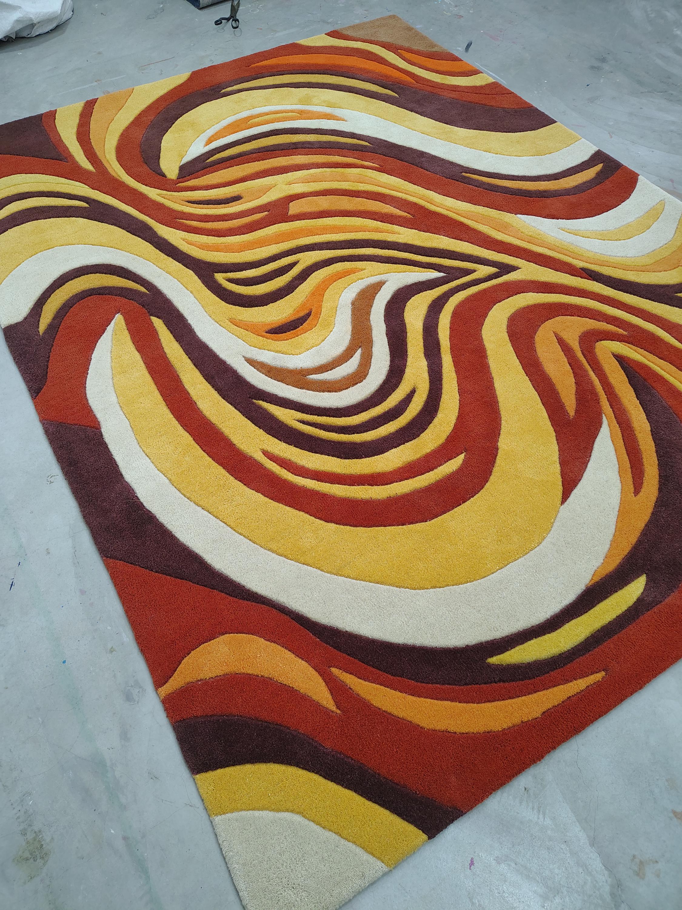 Retro Abstract Wave Rug, Mid Century Modern Tufted Rug, 70s Orange ...