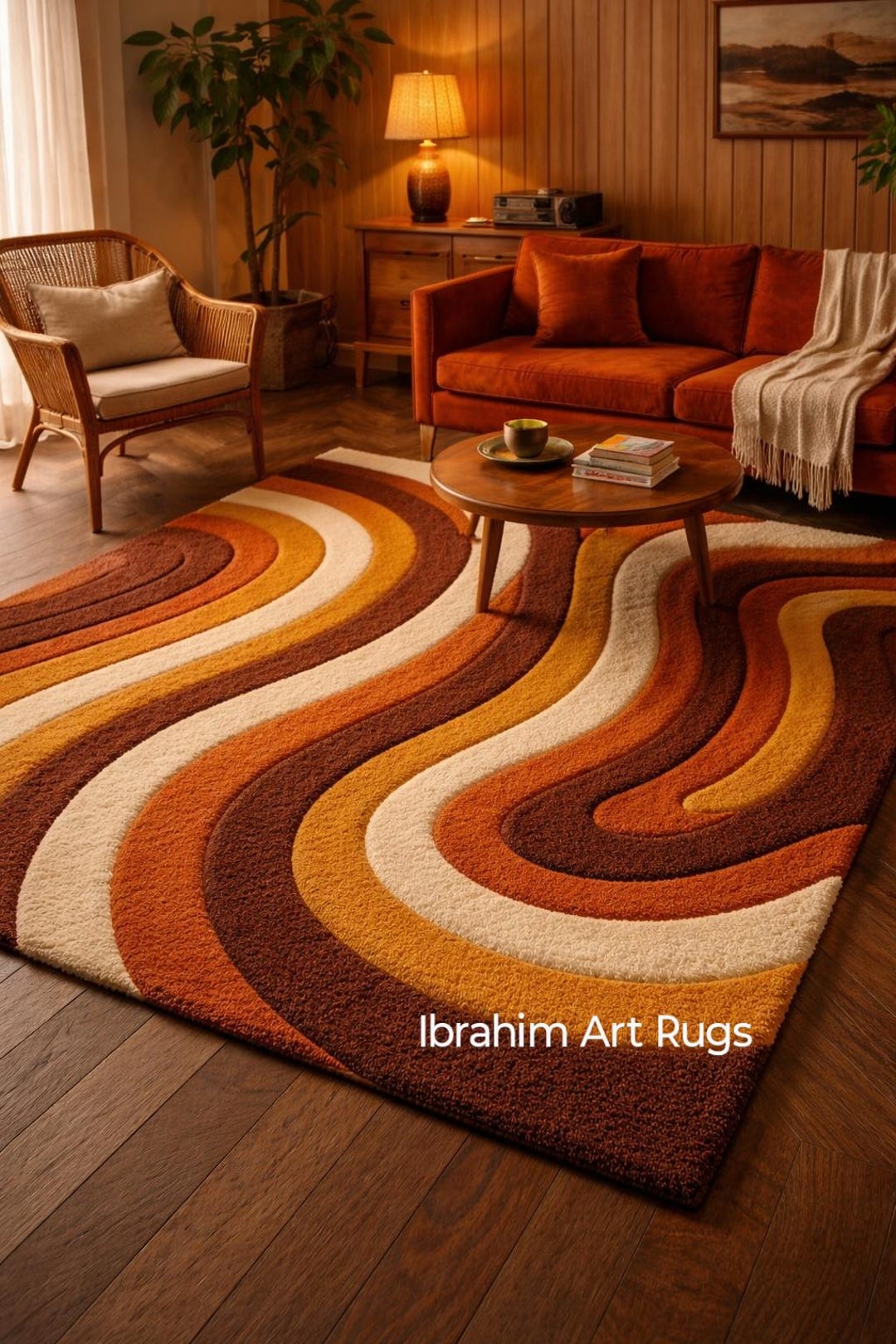 Hand Tufted Abstract Wave Area Rug Retro Style 70s Geometric Orange ...