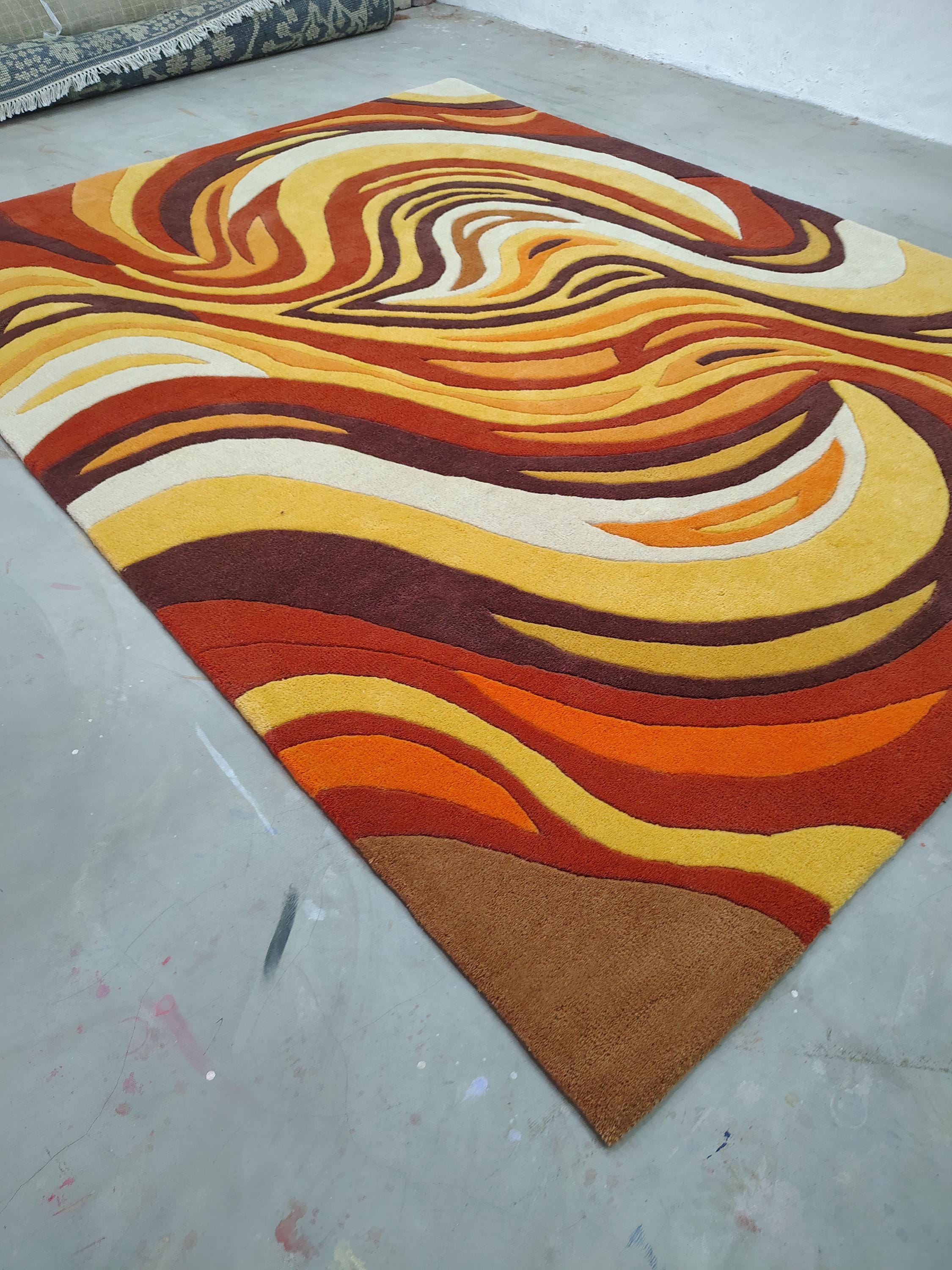 Retro Abstract Wave Rug, Mid Century Modern Tufted Rug, 70s Orange ...
