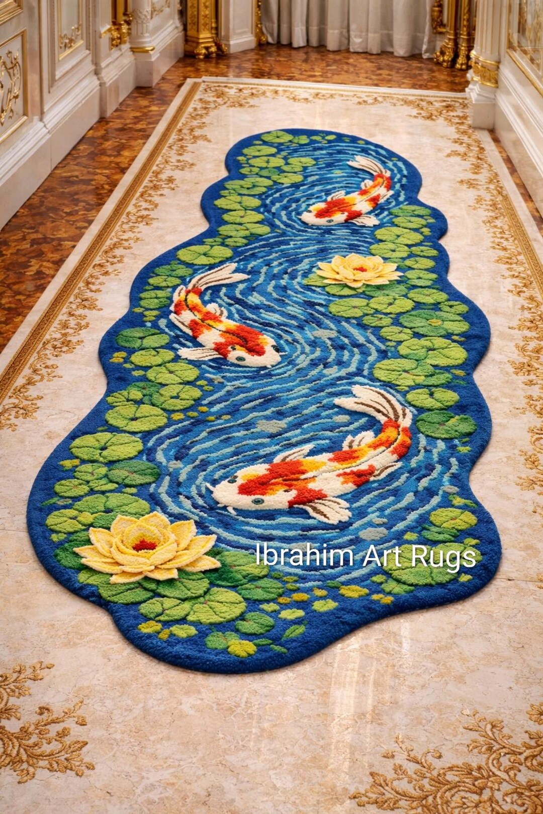 Fish Tuft Rug Handmade Koi Fish Tufted Runner Rug – Luxury Japanese Lotus Pond Design ...