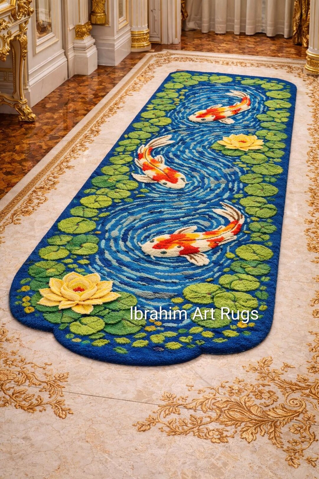 Fish Tuft Rug Handmade 3D Koi Fish Tufted Runner Rug – Luxury Japanese Pond Design ...