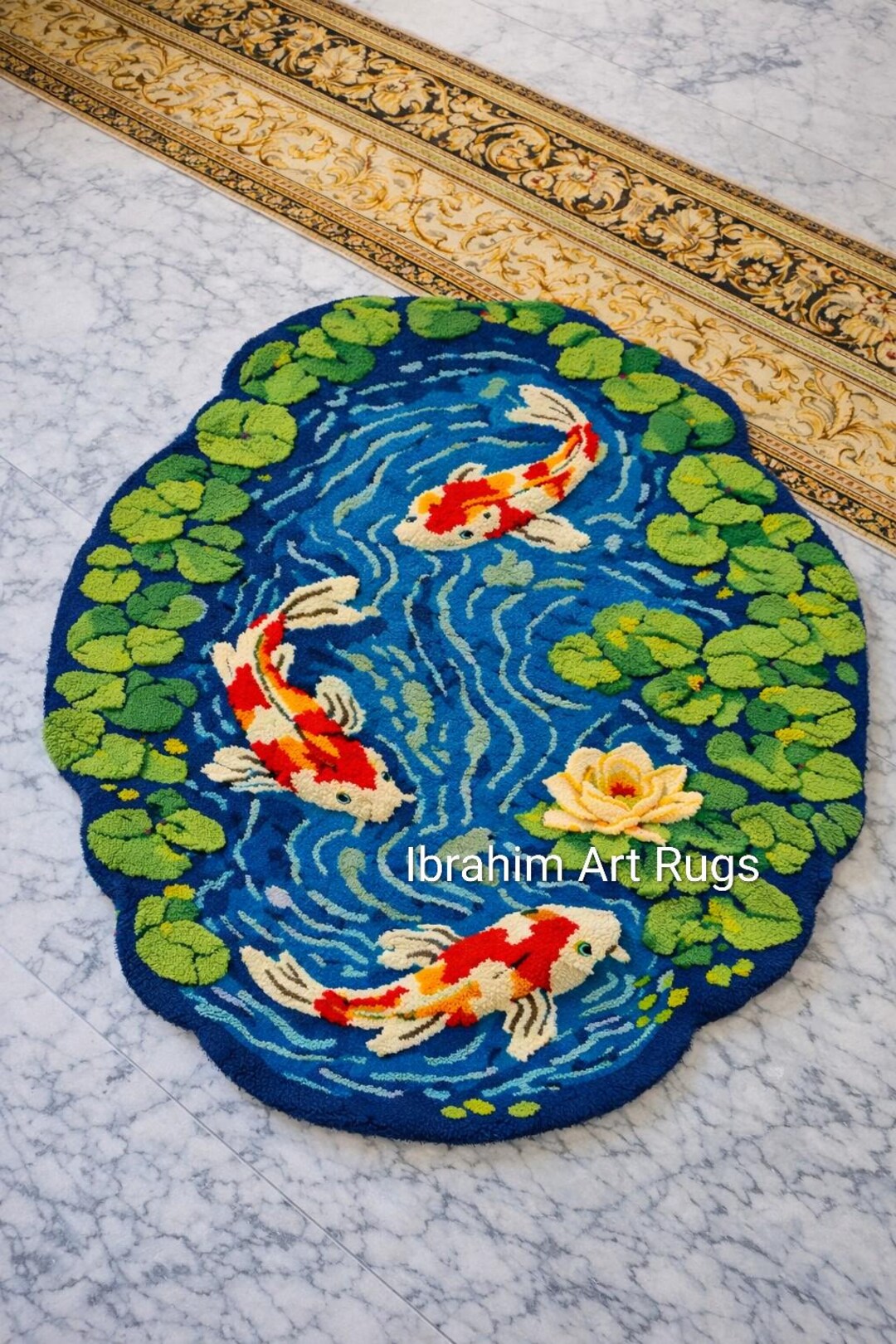 Pond Rug Design Handmade Koi Fish Rug | Wavy Pond Design Carpet| Japanese Zen Art Rug ...