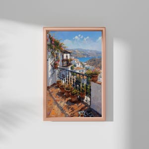 Spanish Coastal Balcony Art | Mediterranean Village Print | Terracotta Pots Painting | Digital Download