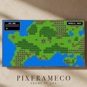 May include: A framed digital art piece featuring a pixelated world map in a retro video game style. The map is predominantly green and blue, with text that reads "WORLD MAP" and "HP/MP". The artwork is displayed on a wall with the text "PIXFRAMECO FRAME TV ART" at the bottom.