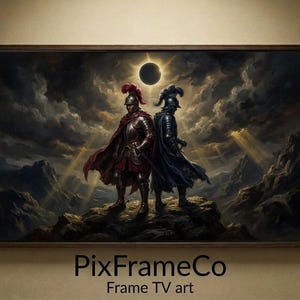 Könnte beinhalten: Ein gerahmtes Kunstwerk zeigt zwei gepanzerte Figuren, die auf einem felsigen Gipfel unter einem dunklen Himmel mit einer Sonnenfinsternis stehen. Eine Figur trägt Rot, die andere Blau. Das Kunstwerk ist mit "PixFrameCo Frame TV art" beschriftet.