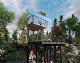 Plano de casa del árbol con espejos: 2 habitaciones, cimientos de acero modernos (formato PDF)