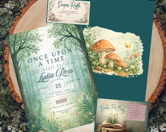 Zaproszenie na baby shower z leśną bajką, szablon „Dawno, dawno temu” z motywem „Zaczarowany las”, edytowalne w Canva