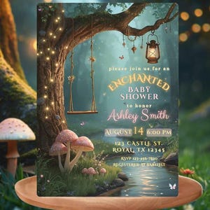 May include: An enchanted baby shower invitation featuring a whimsical forest scene. The invitation includes the text "ENCHANTED BABY SHOWER" and details for Ashley Smith's baby shower on August 14th at 6:00 PM. The design includes a swing, lantern, and mushrooms.