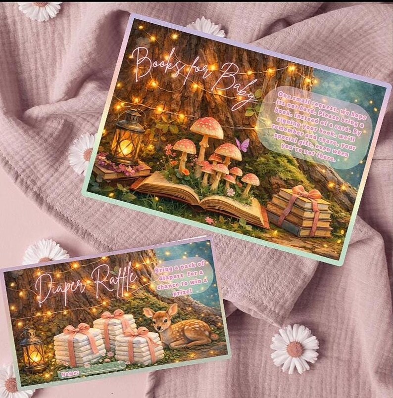 Enchanted Forest Baby Shower Invitation, Diaper Raffle, Books for Baby Bundle Diaper Raffle Insert Card, Books for Baby Insert Card, Matching Enchanted Forest Theme