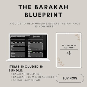 May include: A digital product advertisement featuring a laptop and tablet. The text reads "THE BARAKAH BLUEPRINT" and "A GUIDE TO HELP MUSLIMS ESCAPE THE RAT RACE IS NOW HERE!". The bundle includes a blueprint, spreadsheet, and 30-day launchpad. A "BUY NOW" button is visible.