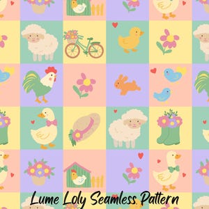 Motivo patchwork senza cuciture con animali da fattoria in stile cottagecore, disegnato a mano, decorazione per tessuti per bambini (PNG digitale)