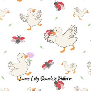 Pode incluir: Padrão sem costura com patos de desenho animado, joaninhas e flores em um fundo branco. Os patos estão em várias poses, alguns segurando flores ou interagindo com joaninhas. O texto "Lume Loly Seamless Pattern" está na parte inferior.