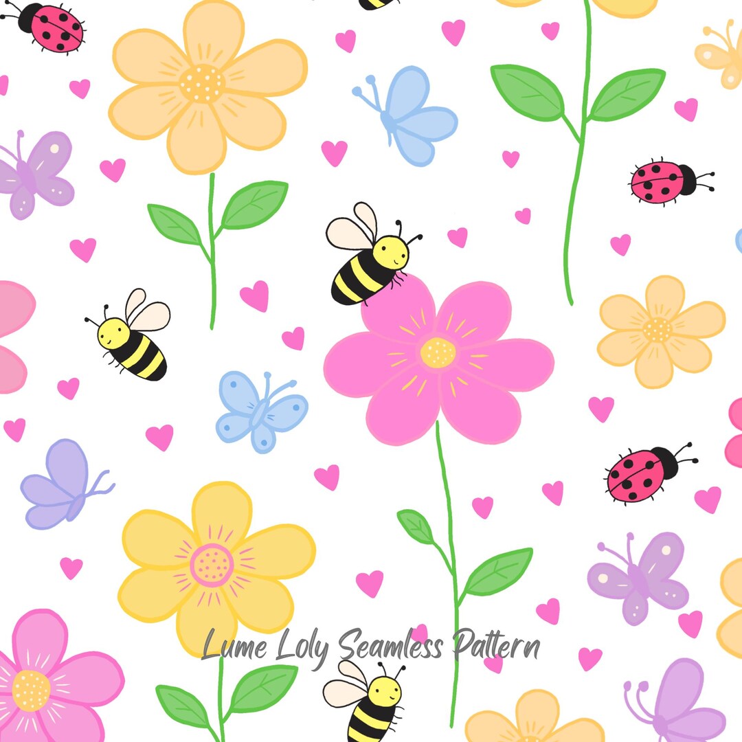 Spring Flowers Seamless Pattern, Bees Ladybugs Butterflies, Hand Drawn ...