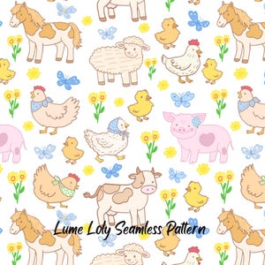 Farm Animals Seamless Pattern, Hand-Drawn Chickens, Horse, Pig, Sheep & Blue Butterflies (Digital PNG)