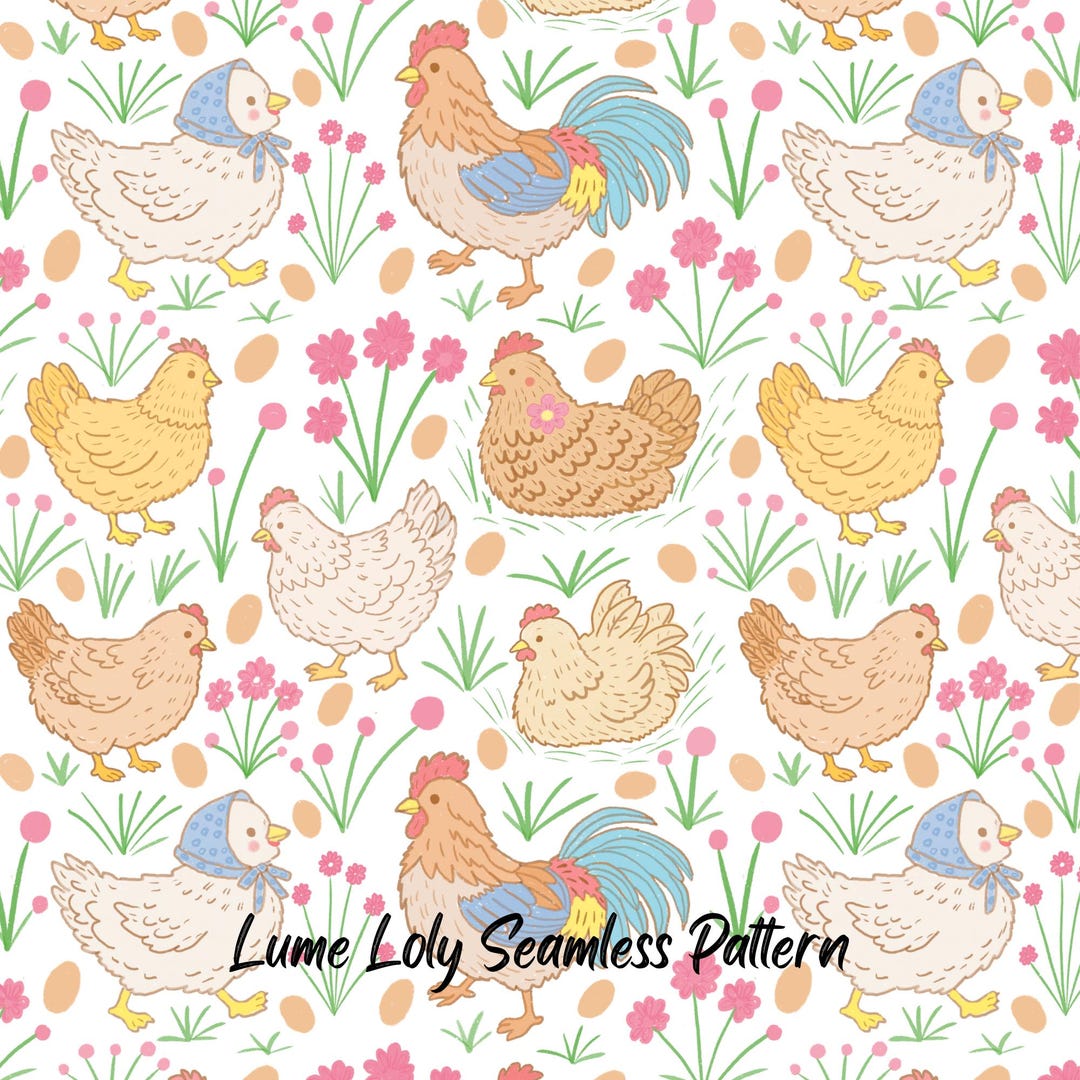 Hand-drawn Chicken Seamless Pattern, Farm Animals Design (digital PNG ...