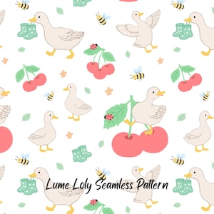 White Geese and Cherries Seamless Pattern, Hand-Drawn Pastel Farm Design (Digital PNG)
