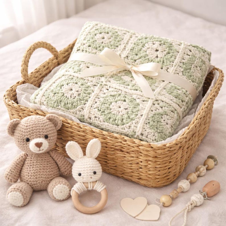 May include: A woven basket holds a crocheted blanket in shades of green and white, tied with a cream ribbon. A crocheted teddy bear, a bunny rattle, wooden heart cutouts, and a pacifier clip are arranged around the basket.