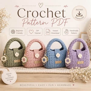 Crochet Handbag Pattern PDF, Floral Crochet Purse Pattern, Cute Mini Bag Tutorial, Beginner Friendly Crochet Bag