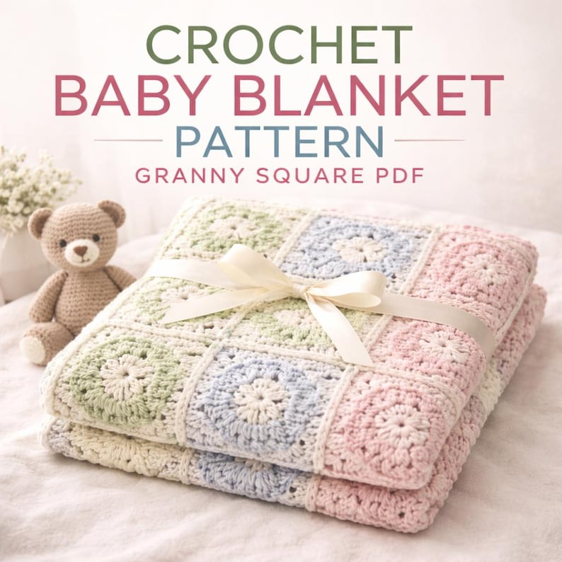May include: A folded, pastel-colored crochet baby blanket with a cream-colored ribbon tied around it. The blanket is made of granny squares in shades of pink, blue, green, and cream. The text "CROCHET BABY BLANKET PATTERN" is at the top.