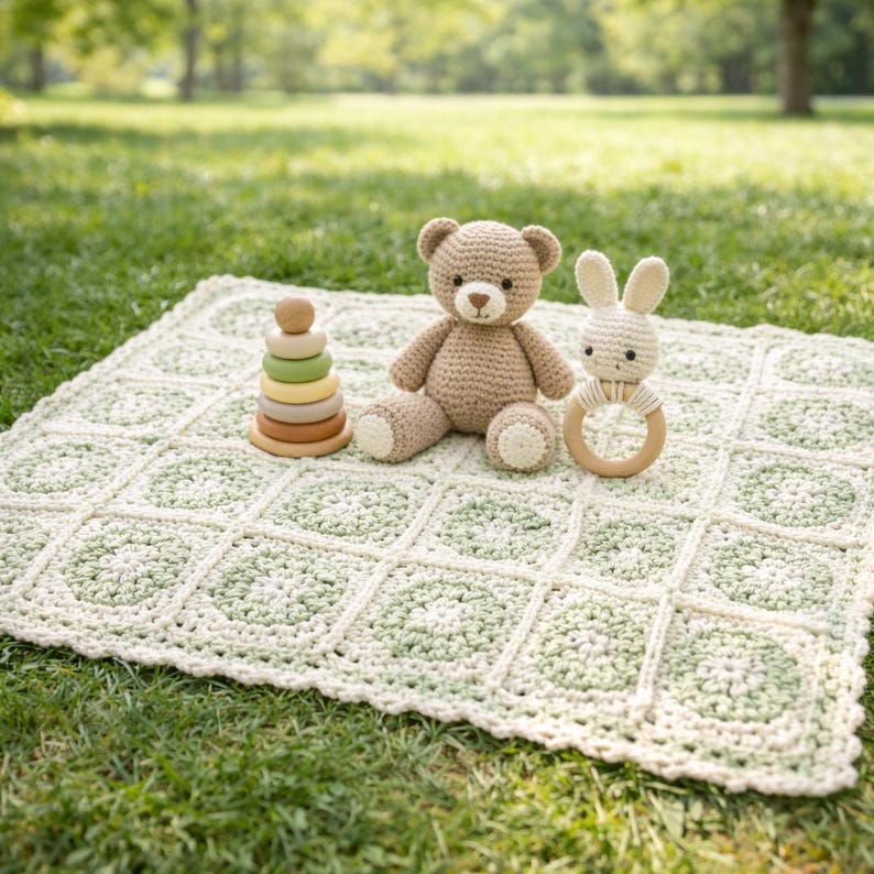 May include: A crocheted baby blanket with a green and white square pattern, a brown teddy bear, a white bunny rattle, and a wooden stacking toy are arranged on a grassy surface. The toys are made of soft materials.