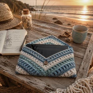Puede incluir: Una funda de ganchillo rectangular con un patrón de chevrón en tonos azul, verde azulado y crema. La funda tiene una solapa puntiaguda estilo sobre asegurada con un botón de madera marrón y contiene una tableta negra en su interior.