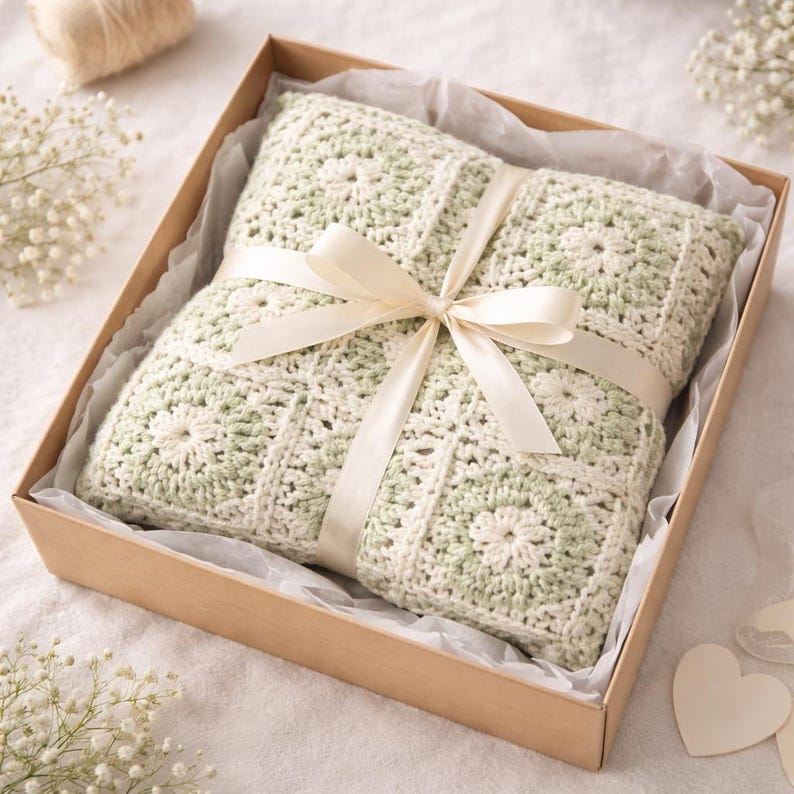 May include: A crocheted blanket in a gift box, tied with a cream-colored ribbon. The blanket features a square pattern in off-white and light green. The box is made of cardboard and lined with tissue paper.