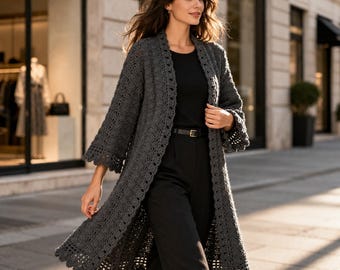 Patrón de cárdigan de ganchillo en PDF, tutorial para kimono de encaje, bata de ganchillo bohemia de verano, chal de mujer con frente abierto, descarga instantánea.