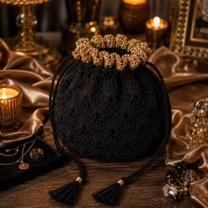May include: A black crochet drawstring bag with a gold-colored trim and tassels. The bag has a round shape and a textured pattern. The drawstring cords are black with gold accents. The background includes candles and gold-colored fabric.