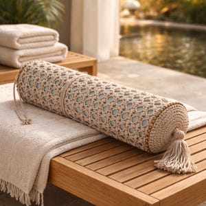 Może przedstawiać: Beżowa poduszka w kształcie wałka z ażurową nakładką i chwostem. Poduszka spoczywa na drewnianej powierzchni z złożonym ręcznikiem i innymi ręcznikami w tle. Wnętrze poduszki jest jasnoniebieskie.