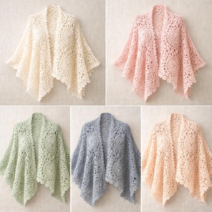 Può includere: Una collezione di cinque scialli all'uncinetto nei colori crema, rosa, verde, blu-grigio e pesca. Ogni scialle presenta un motivo a pizzo circolare e un design aperto sul davanti, ideale da sovrapporre.