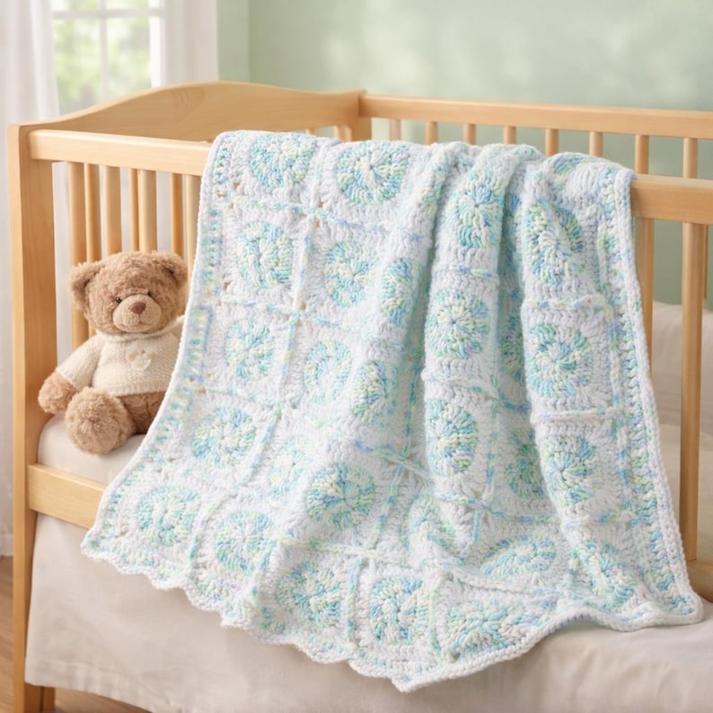 May include: A handmade, white crochet baby blanket with a scalloped edge, featuring a repeating floral pattern in shades of blue and green. The blanket is draped over a wooden crib, next to a teddy bear.