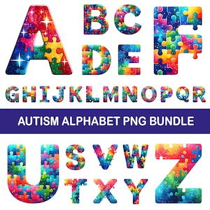 May include: Colorful puzzle piece letters of the alphabet, including A, B, C, D, E, F, G, H, I, J, K, L, M, N, O, P, Q, U, S, V, W, T, X, Y, and Z. The letters are in various colors and have a starry background. The text "AUTISM ALPHABET PNG BUNDLE" is below the letters.