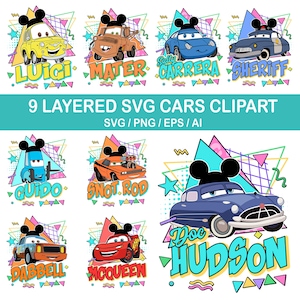 Retro Race Car SVG Bundle, 90s Style Mouse Ears PNG, Lightning McQueen Mater Sally, Birthday, Shirt, Cake Topper, (Digital Download)