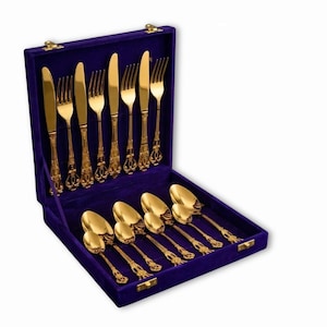 Ensemble de couverts royaux en or et argent – Ustensiles de table en acier inoxydable dans un coffret en velours