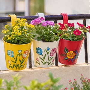 Set of Hand Painted Floral Metal Hanging Planters for Balcony Railing -  Unbreakable Flower Pots