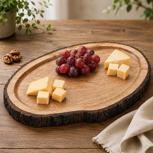Könnte beinhalten: Ein ovales Servierbrett aus Holz mit natürlicher Rindenkante und einer glatten, hellbraunen Innenfläche. Das Brett ist mit einer Traube aus roten Weintrauben, mehreren Würfeln aus gelbem Käse und zwei größeren dreieckigen Käsestücken belegt.